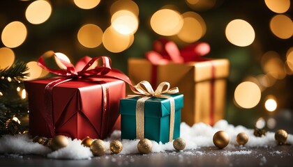 Fototapeta na wymiar Bokeh lights and Christmas gift boxes - holiday spirit, warm and inviting, festive scene