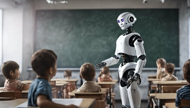 Science and artificial intelligence technology taught by humanoid education robot teacher in front of a school classroom chalkboard