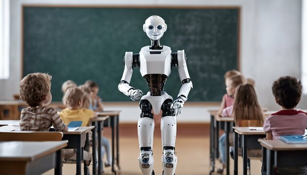 Science and artificial intelligence technology taught by humanoid education robot teacher in front of a school classroom chalkboard