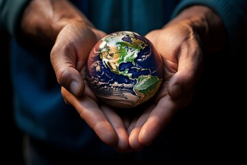 a photo of person hands holding a small round planet earth globe. care about nature and ecology. save our planet. Generative AI