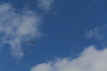 Small white cessna single propeller plane flying in a clear blue sky . High quality photo