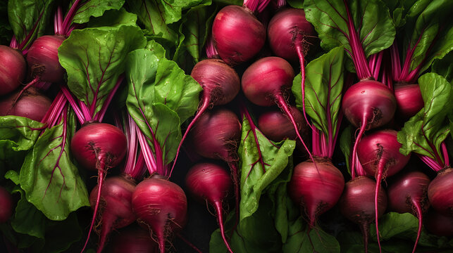 Top view full frame of whole ripe beets placed together as background.