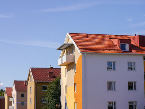 Low angle view of apartment buildings against sky