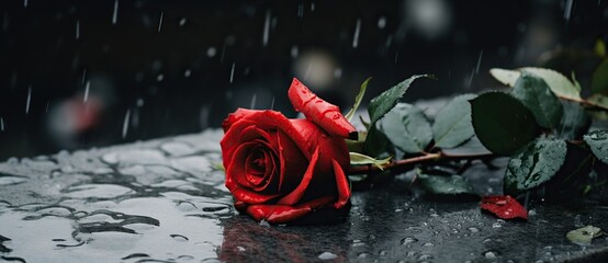 Beautiful red flowers, roses, over marble background. Bouquet of flowers at cemetery , funeral concept.