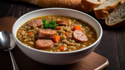 Sausage and Lentil Soup - A hearty soup made with sausage, lentils, and vegetables like carrots and celery, often flavored with herbs like thyme and rosemary.