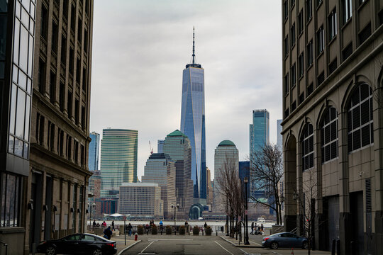 World Trade center building in Manhattan, view from between buildings from New Jersey. High quality photo