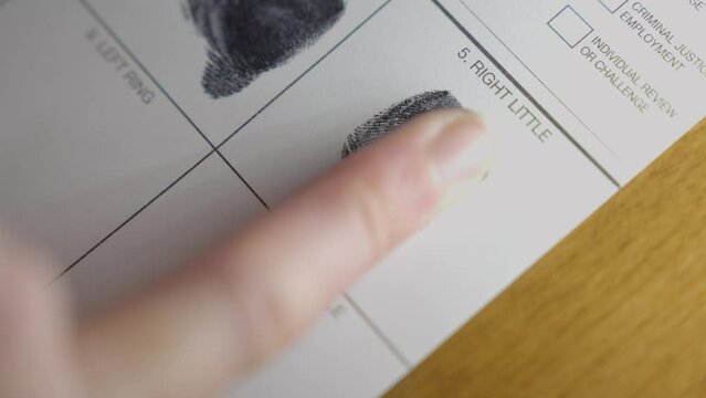 This video shows a close up, overhead view of a right pinky finger stamping a fingerprint onto an official document.