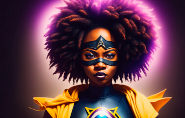 African american superhero with a mask on his face. Portrait of black woman n fantastic costume.