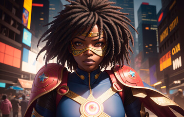 African american superhero with a mask on his face. Portrait of black woman n fantastic costume.
