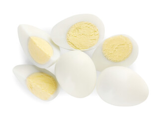 Peeled hard boiled quail eggs on white background, top view