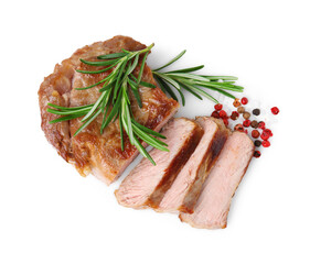 Delicious fried meat with rosemary and spices on white background, top view