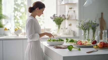 a beautiful woman cooking food in a modern home kitchen. cutting vegetables on kitchen desk and...