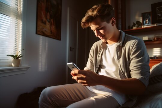 a handsome young man texting and using on his mobile smartphone and smiling at home. sitting on his couch. blurry background. early in the morning. Generative AI