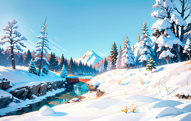 Winter landscape with snow covered fir trees and blue sky. Generative AI.
