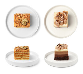 Collage with tasty cakes isolated on white background, top and side views