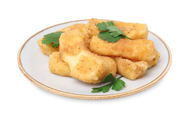 Plate with tasty fried mozzarella sticks and parsley isolated on white
