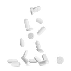 Many different pills falling on white background