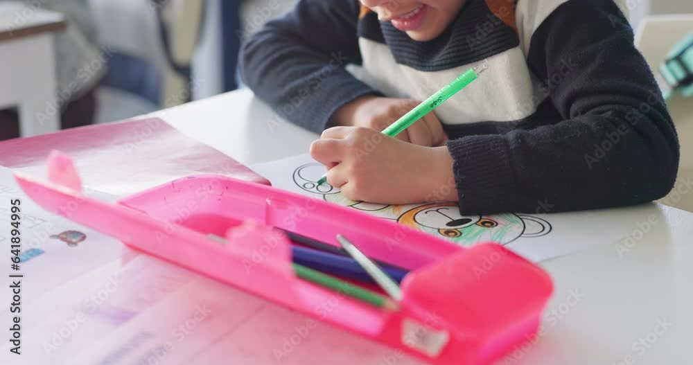 Poster creative, school and hands of child drawing in a classroom for art lesson for education and developm