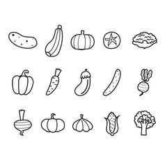 Set of black and white icons of vegetables on a white background: onion, potato, cucumber, tomato, cauliflower, broccoli, garlic, corn, pumpkin, beet
