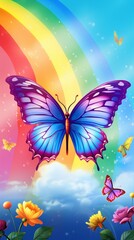 Fototapeta na wymiar Pretty Butterfly Cartoon with Rainbow Colors