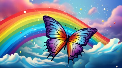 Fototapeta na wymiar Pretty Butterfly Cartoon with Rainbow Colors