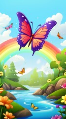 Fototapeta na wymiar Rainbow Butterfly Cartoon Delight