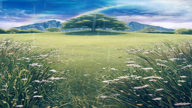 Fantasy view of a green meadow with trees and flower gardens. Seamless looping vertical video animation background.