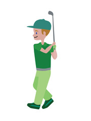 Blonde golf athlete holding a golf club, sport. Fun flat character. Vector illustration isolated on transparent background