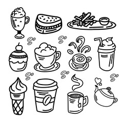 Cafe Shop Doodle Collection, Hand Drawn. Transparent Background