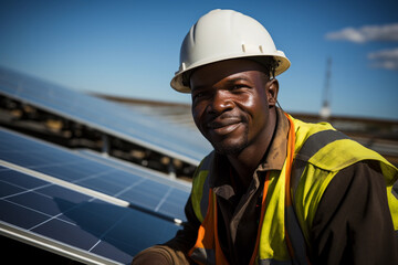 Obraz premium Worker Installing Solar Panels on Roof