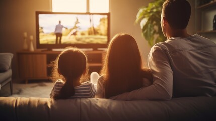 a photo of a beautiful american family with parents and kids watching TV together late in the evening. sitting on a couch and enjoying time together. father and his children. Generative AI