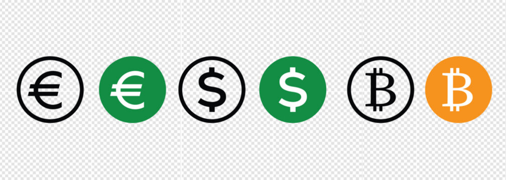 Money Euro, Dollar and Bitcoin icons pack. Internet flat icon symbol isolated on transparent grid backgrounds.