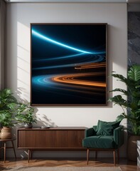 Modern and cozy living room with abstract blue and orange light trails art