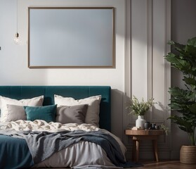 a light and spacious bedroom with a plant and a blank picture frame mockup canvas.
