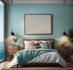 cozy bedroom with ocean view with a large window and a blank picture frame mockup canvas.