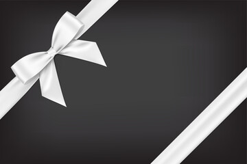 white bow and ribbon realistic shiny satin place on corner for decorate you Memorial and funeral card, Vector EPS10 isolate on gradient black background.
