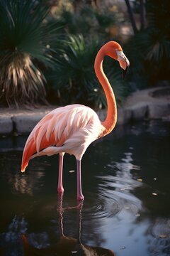 Flamingo walking in water, generative ai.