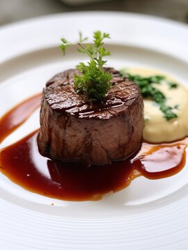 Filet Mignon Delight: Succulent Steak with Sauce on a Plate