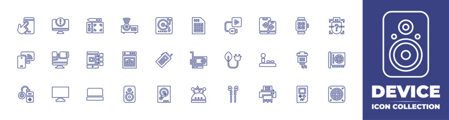 Device line icon collection. Editable stroke. Vector illustration. Containing touch screen, info, smart tv, devices, insulin, television, electronic device, device, projector, oven, speaker, and more.