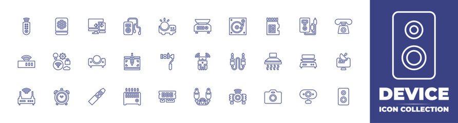 Device line icon collection. Editable stroke. Vector illustration. Containing remote control, smartphone, connection, iot, router, clock, responsive, projector, electronic cigarette, ipod, and more.