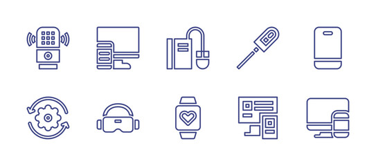 Device line icon set. Editable stroke. Vector illustration. Containing heart rate, responsive, vr glasses, vascular closure device, phone, multiple, voice assistant, process, ebook.