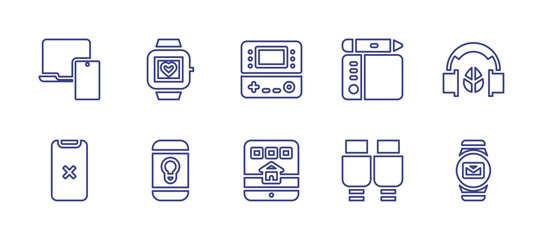 Device line icon set. Editable stroke. Vector illustration. Containing electronic devices, error, game console, tablet, smartwatch, idea, wacom, music therapy, hdmi, clock.