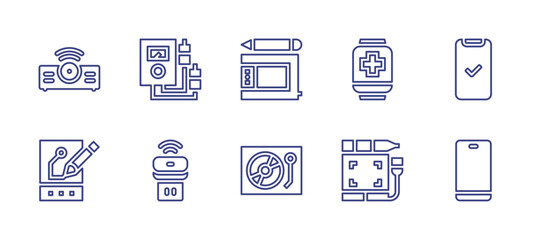 Device line icon set. Editable stroke. Vector illustration. Containing done, mobile phone, projector, voltmeter, drawing tablet, usb drive, graphic tablet, turntable, smartwatch, tablet.