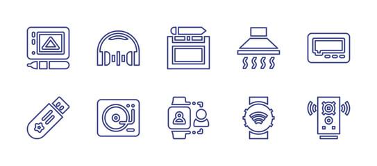 Device line icon set. Editable stroke. Vector illustration. Containing graphic tablet, headphones, usb, turntable, smartwatch, kitchen hood, pager, speaker.