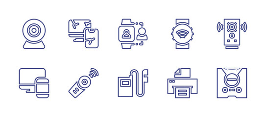 Device line icon set. Editable stroke. Vector illustration. Containing webcam, electronics, responsive, camera remote control, smartwatch, game console, music player, printing, speaker.