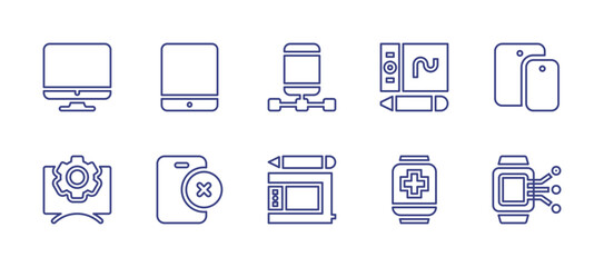 Device line icon set. Editable stroke. Vector illustration. Containing tablet, smartwatch, screen, settings, device, responsive, graphic tablet.