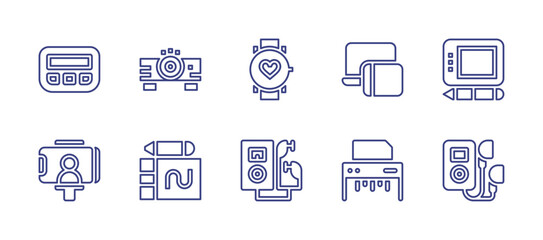 Device line icon set. Editable stroke. Vector illustration. Containing graphic tablet, music player, paper shredder, pager, projector, responsive, selfie, smartwatch.