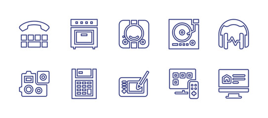 Device line icon set. Editable stroke. Vector illustration. Containing playstation, graphic tablet, oven, calculator, turntable, headphones, smart tv, computer, teleprinter, action camera.