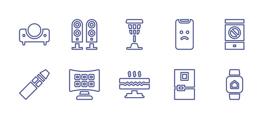 Device line icon set. Editable stroke. Vector illustration. Containing projector, speakers, electronic cigarette, smart tv, patio heater, infrared lamp, sad, fridge, smartphone, smartwatch.