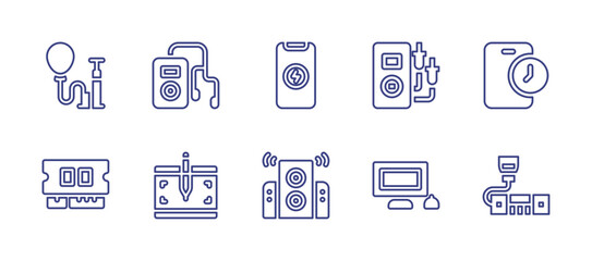 Device line icon set. Editable stroke. Vector illustration. Containing air pump, ipod, ram memory, graphic tablet, charging, speakers, voltmeter, personal computer, time, transceiver.